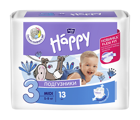 Подгузники для детей Happy Midi, вес 5-9кг., 13 шт. 